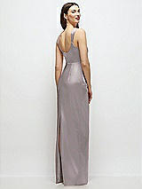 Rear View Thumbnail - Cashmere Gray Scoop Neck Draped Column Stretch Satin Maxi Dress