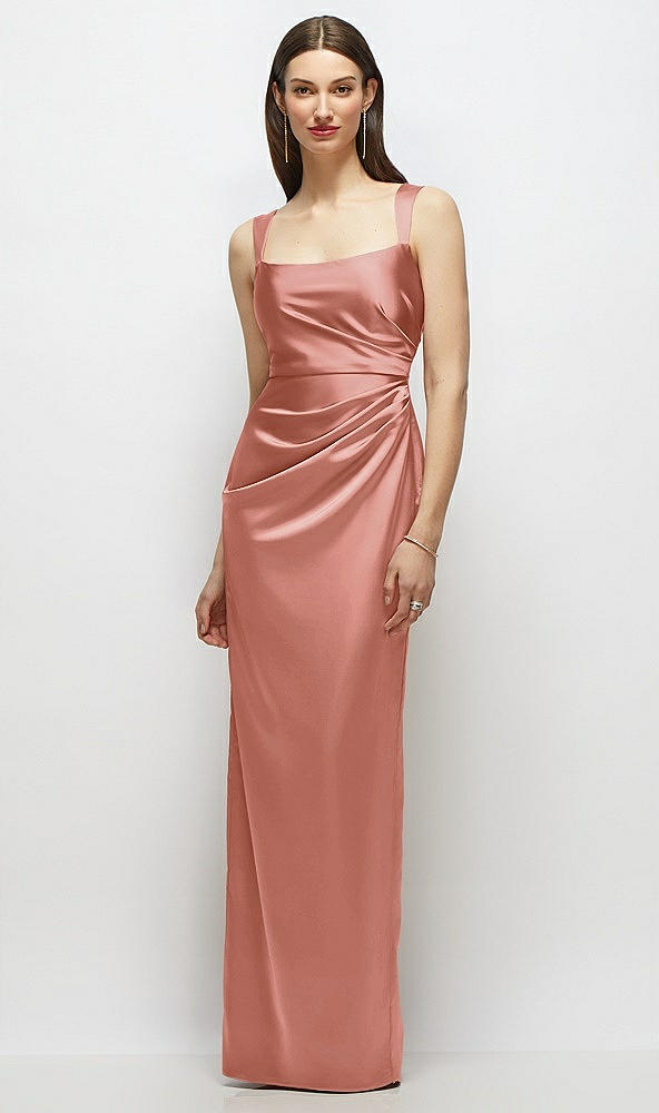 Front View - Desert Rose Scoop Neck Draped Column Stretch Satin Maxi Dress