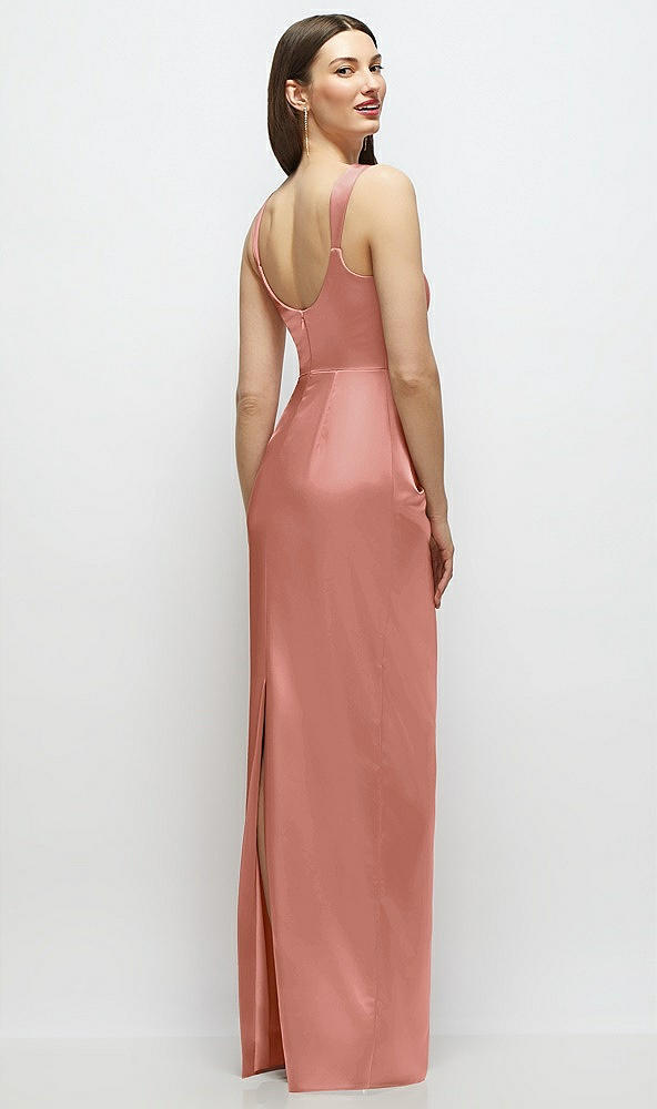 Back View - Desert Rose Scoop Neck Draped Column Stretch Satin Maxi Dress
