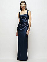 Front View Thumbnail - Midnight Navy Scoop Neck Draped Column Stretch Satin Maxi Dress
