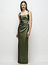 Front View Thumbnail - Olive Green Scoop Neck Draped Column Stretch Satin Maxi Dress