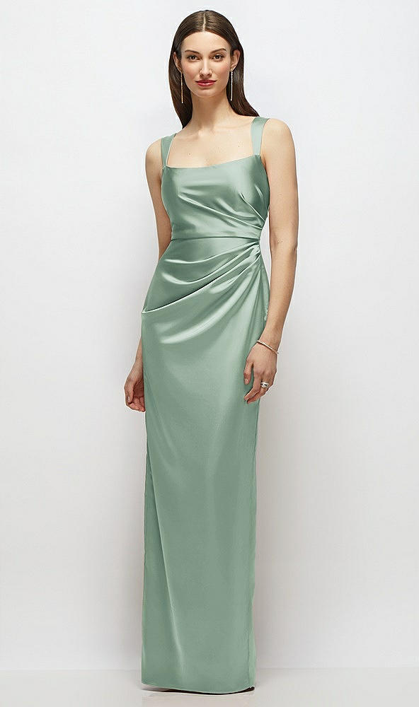 Front View - Seagrass Scoop Neck Draped Column Stretch Satin Maxi Dress