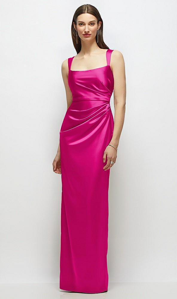 Front View - Think Pink Scoop Neck Draped Column Stretch Satin Maxi Dress