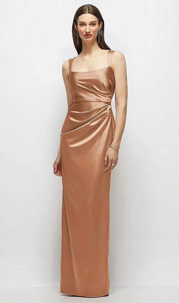 Front View - Toffee Scoop Neck Draped Column Stretch Satin Maxi Dress
