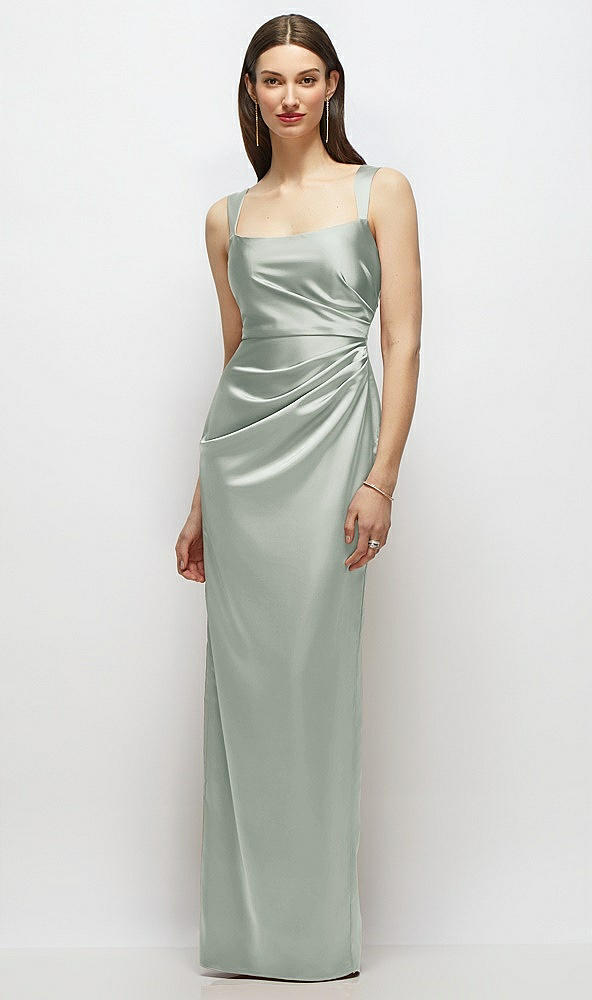 Front View - Willow Green Scoop Neck Draped Column Stretch Satin Maxi Dress