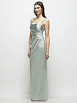 Side View Thumbnail - Willow Green Scoop Neck Draped Column Stretch Satin Maxi Dress