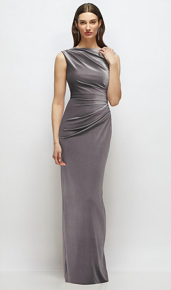 Front View - Caviar Gray High-Neck Cap Shoulder Pleated Bodice Velvet Column Maxi Dress