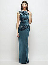 Front View Thumbnail - Dutch Blue High-Neck Cap Shoulder Pleated Bodice Velvet Column Maxi Dress