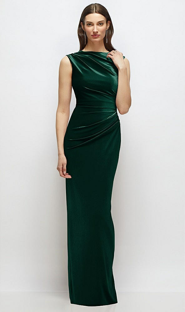 Front View - Evergreen High-Neck Cap Shoulder Pleated Bodice Velvet Column Maxi Dress