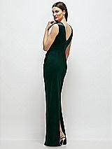Rear View Thumbnail - Evergreen High-Neck Cap Shoulder Pleated Bodice Velvet Column Maxi Dress