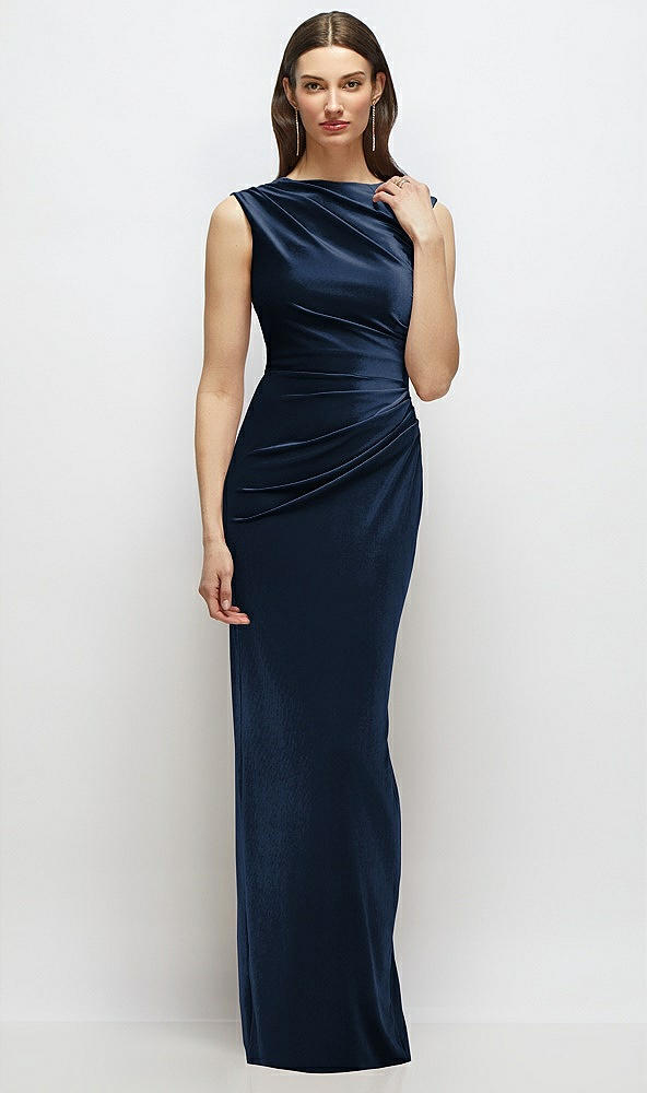 Front View - Midnight Navy High-Neck Cap Shoulder Pleated Bodice Velvet Column Maxi Dress