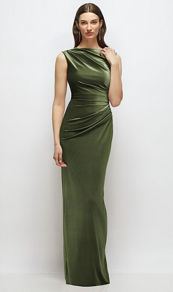 Front View - Olive Green High-Neck Cap Shoulder Pleated Bodice Velvet Column Maxi Dress