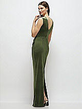 Rear View Thumbnail - Olive Green High-Neck Cap Shoulder Pleated Bodice Velvet Column Maxi Dress