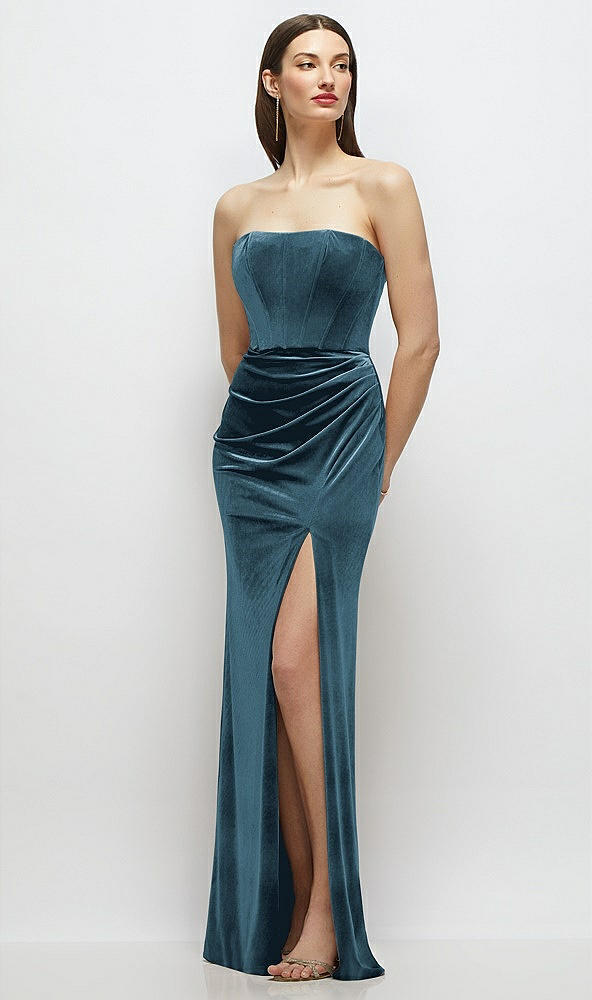 Front View - Dutch Blue Strapless Corset Bodice Velvet Column Maxi Dress