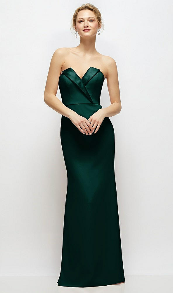 Front View - Evergreen Strapless Crepe Tuxedo Gown with Satin Lapels and Buttons