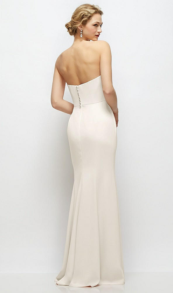 Back View - Ivory Strapless Crepe Tuxedo Gown with Satin Lapels and Buttons