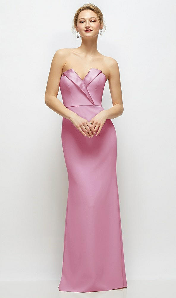 Front View - Powder Pink Strapless Crepe Tuxedo Gown with Satin Lapels and Buttons