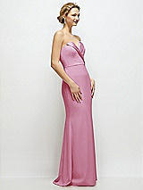 Side View Thumbnail - Powder Pink Strapless Crepe Tuxedo Gown with Satin Lapels and Buttons