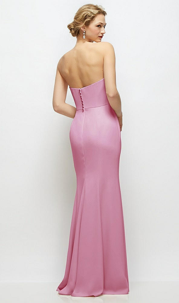 Back View - Powder Pink Strapless Crepe Tuxedo Gown with Satin Lapels and Buttons