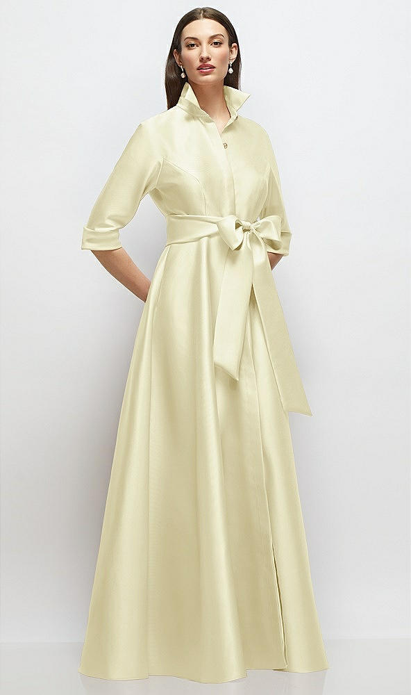 Front View - Butter Yellow 3/4 Sleeve Satin Shirt Dress Gown with Sash and Jeweled Buttons