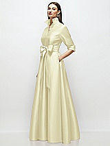Side View Thumbnail - Butter Yellow 3/4 Sleeve Satin Shirt Dress Gown with Sash and Jeweled Buttons