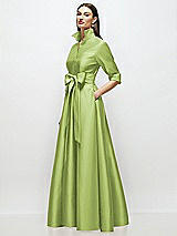 Side View Thumbnail - Mojito 3/4 Sleeve Satin Shirt Dress Gown with Sash and Jeweled Buttons