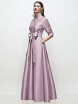 Side View Thumbnail - Suede Rose 3/4 Sleeve Satin Shirt Dress Gown with Sash and Jeweled Buttons