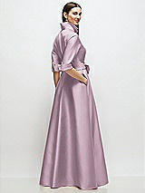 Rear View Thumbnail - Suede Rose 3/4 Sleeve Satin Shirt Dress Gown with Sash and Jeweled Buttons