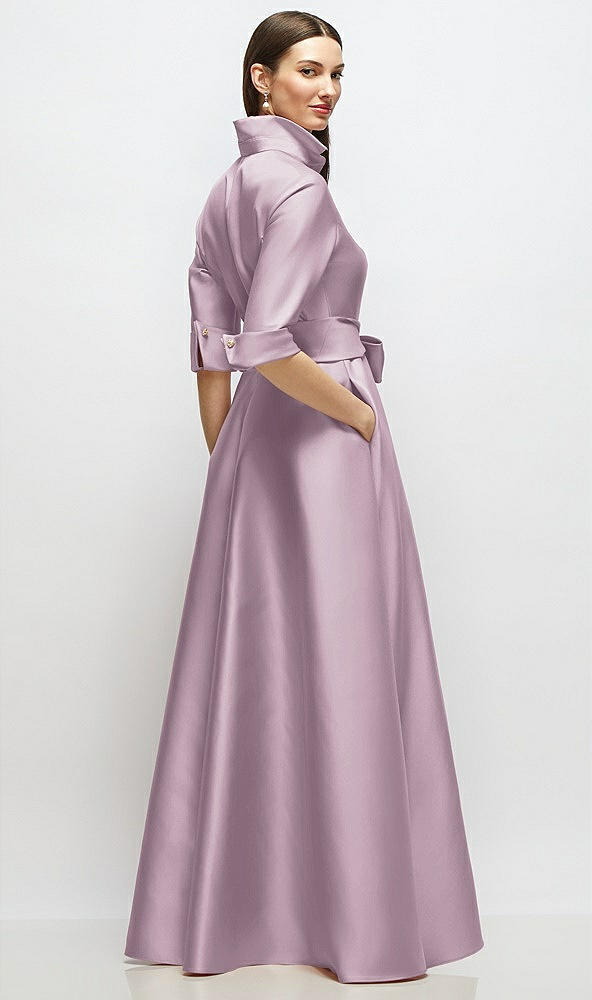Back View - Suede Rose 3/4 Sleeve Satin Shirt Dress Gown with Sash and Jeweled Buttons