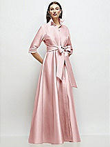 Front View Thumbnail - Ballet Pink 3/4 Sleeve Satin Shirt Dress Gown with Sash and Jeweled Buttons