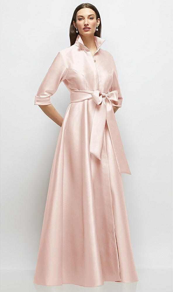 Front View - Blush 3/4 Sleeve Satin Shirt Dress Gown with Sash and Jeweled Buttons