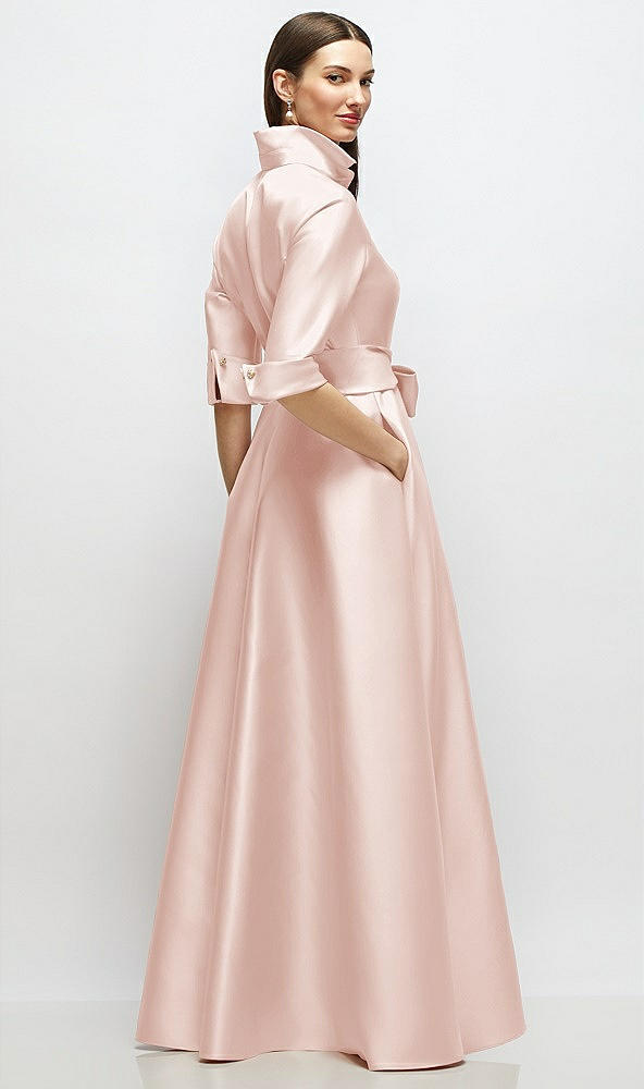 Back View - Blush 3/4 Sleeve Satin Shirt Dress Gown with Sash and Jeweled Buttons