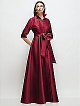 Front View Thumbnail - Burgundy 3/4 Sleeve Satin Shirt Dress Gown with Sash and Jeweled Buttons