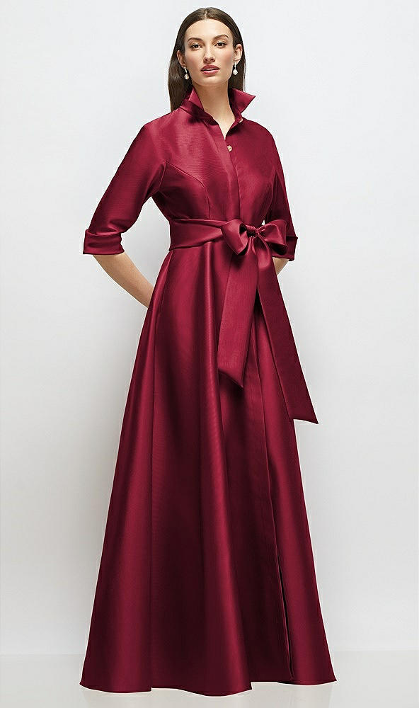 Front View - Burgundy 3/4 Sleeve Satin Shirt Dress Gown with Sash and Jeweled Buttons