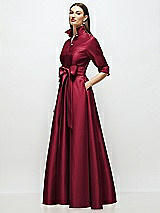 Side View Thumbnail - Burgundy 3/4 Sleeve Satin Shirt Dress Gown with Sash and Jeweled Buttons