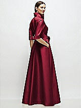 Rear View Thumbnail - Burgundy 3/4 Sleeve Satin Shirt Dress Gown with Sash and Jeweled Buttons