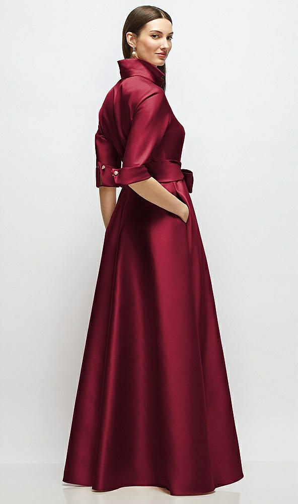 Back View - Burgundy 3/4 Sleeve Satin Shirt Dress Gown with Sash and Jeweled Buttons
