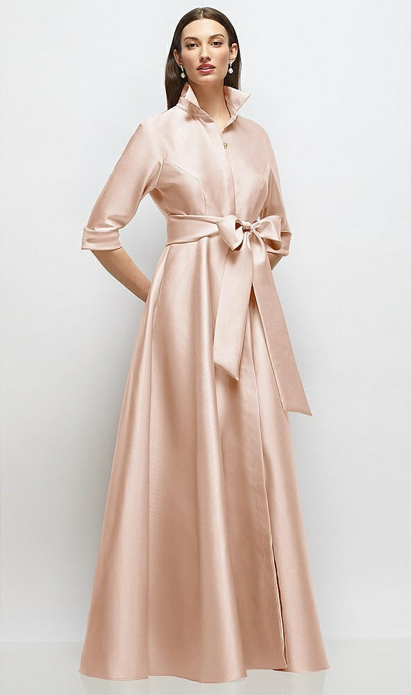 Front View - Cameo 3/4 Sleeve Satin Shirt Dress Gown with Sash and Jeweled Buttons