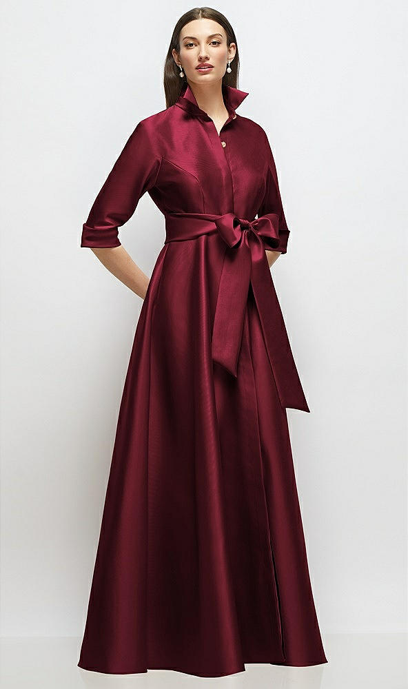 Front View - Cabernet 3/4 Sleeve Satin Shirt Dress Gown with Sash and Jeweled Buttons