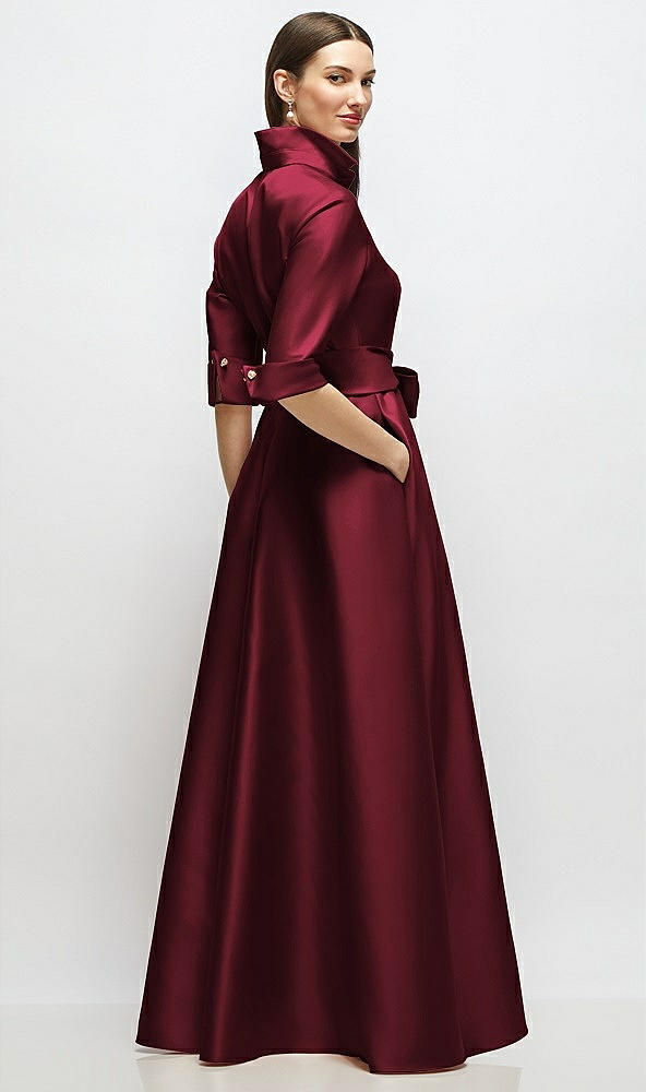 Back View - Cabernet 3/4 Sleeve Satin Shirt Dress Gown with Sash and Jeweled Buttons