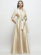 Front View Thumbnail - Champagne 3/4 Sleeve Satin Shirt Dress Gown with Sash and Jeweled Buttons