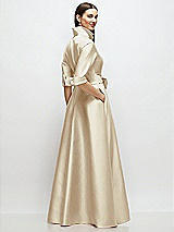 Rear View Thumbnail - Champagne 3/4 Sleeve Satin Shirt Dress Gown with Sash and Jeweled Buttons