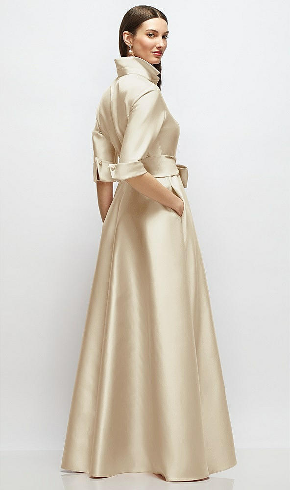Back View - Champagne 3/4 Sleeve Satin Shirt Dress Gown with Sash and Jeweled Buttons