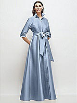 Front View Thumbnail - Cloudy 3/4 Sleeve Satin Shirt Dress Gown with Sash and Jeweled Buttons