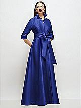 Front View Thumbnail - Cobalt Blue 3/4 Sleeve Satin Shirt Dress Gown with Sash and Jeweled Buttons
