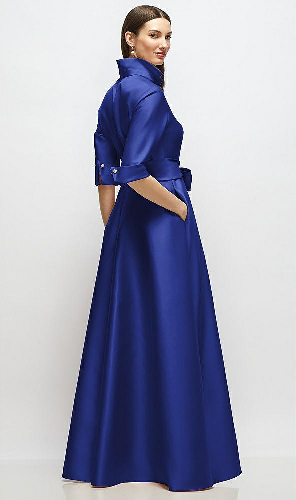 Back View - Cobalt Blue 3/4 Sleeve Satin Shirt Dress Gown with Sash and Jeweled Buttons