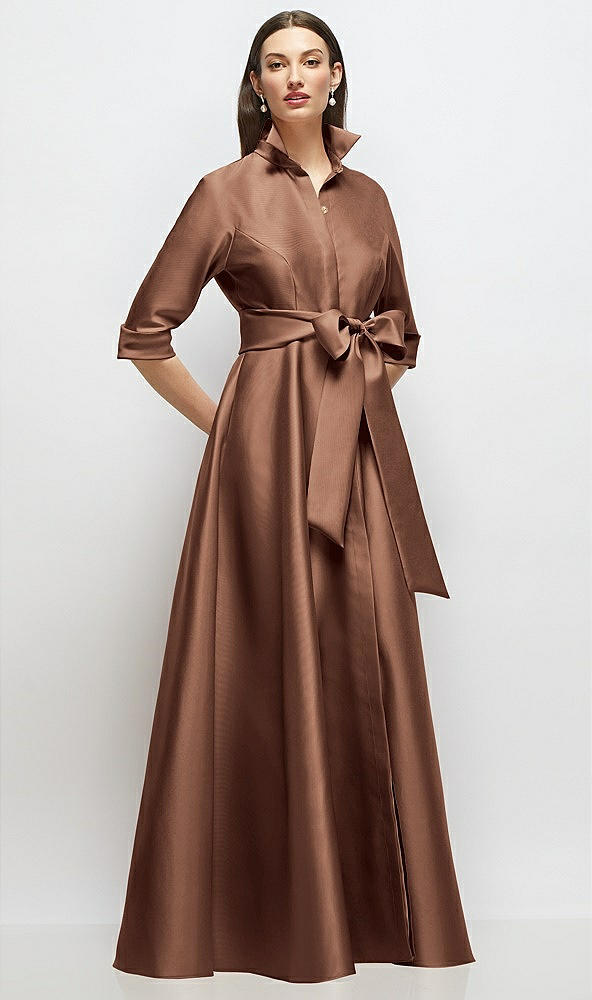 Front View - Cognac 3/4 Sleeve Satin Shirt Dress Gown with Sash and Jeweled Buttons