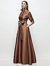 Side View Thumbnail - Cognac 3/4 Sleeve Satin Shirt Dress Gown with Sash and Jeweled Buttons