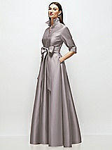 Side View Thumbnail - Cashmere Gray 3/4 Sleeve Satin Shirt Dress Gown with Sash and Jeweled Buttons