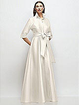 Front View Thumbnail - Ivory 3/4 Sleeve Satin Shirt Dress Gown with Sash and Jeweled Buttons